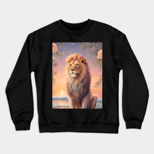 Floral Lion With Beach Sunset Pastel Crewneck Sweatshirt